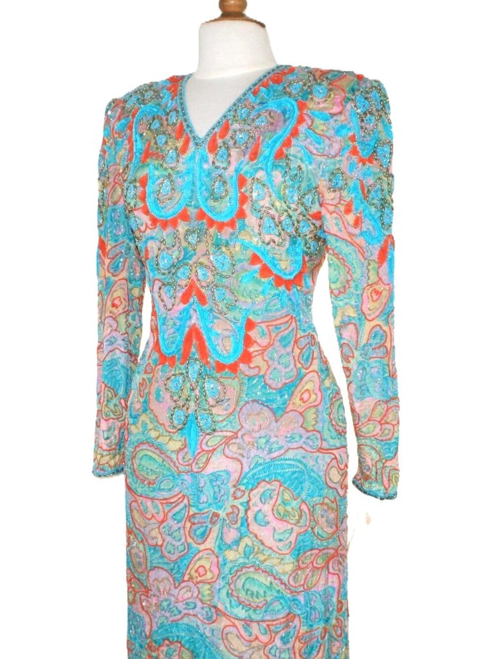 JASDEE Vintage Long Sleeve Dress Hand Work Bead & Sequins On Silk Style 3073